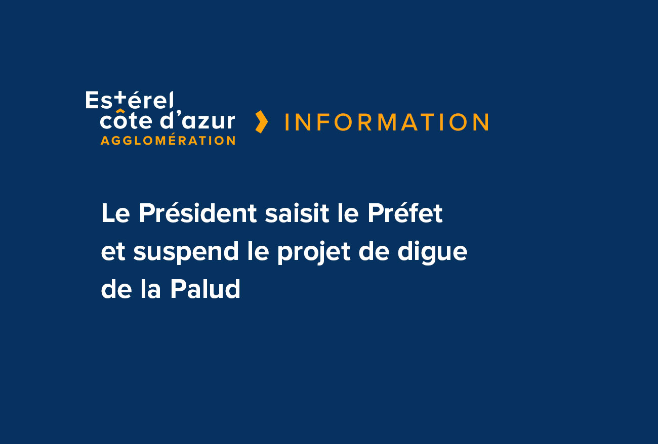 Visuel sur fond bleu avec le logo et la catégorie information avec le titre de l'article en blanc pour la suspension du projet de digue de la palud