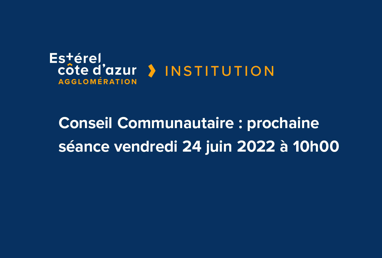 Visuel sur fond bleu avec le logo et la catégorie institution avec le titre de l'article en blanc pour le conseil communautaire du vendredi 24 juin 2022