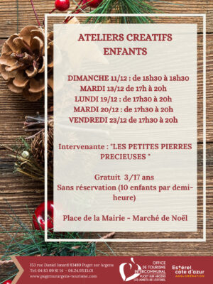 Affiche présentant les dates d'ateliers créatifs thème Noël organisés pour les enfants