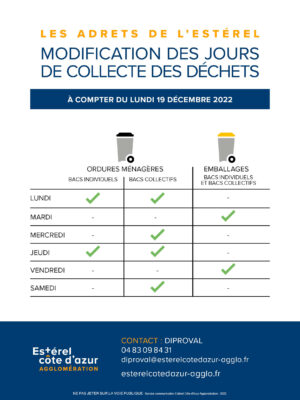 flyer informant sur les nouvelles dates de collecte des déchets aux Adrets de l'Estérel