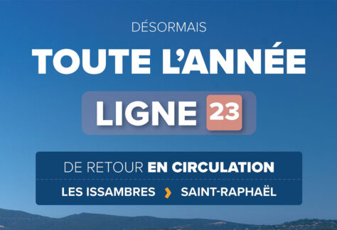 affiche annonçant le retour à la circulation de manière annuelle pour la ligne de bus 23 entre les Issambres et Saint-Raphaël